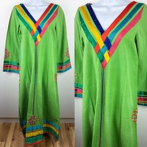 Vintage Josefa 60s 70s Diseno Mexico Ribbon Caftan Maxi Dress Lime Green Rainbow